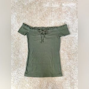 Olive Green Off-Shoulder Lace Up Shirt
